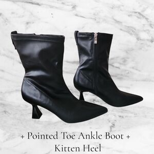 Black Pointed Toe Ankle Boots with Kitten Heel